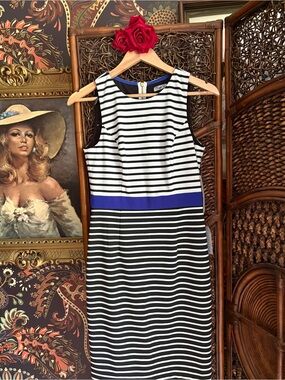 NWT Eliza J Striped Sheath Dress Size 4 Black White Blue $118